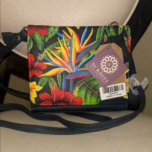 NWT SUKRITI Shade Navy Blue Forest Floral Theme Genuine Leather Crossbody Bag